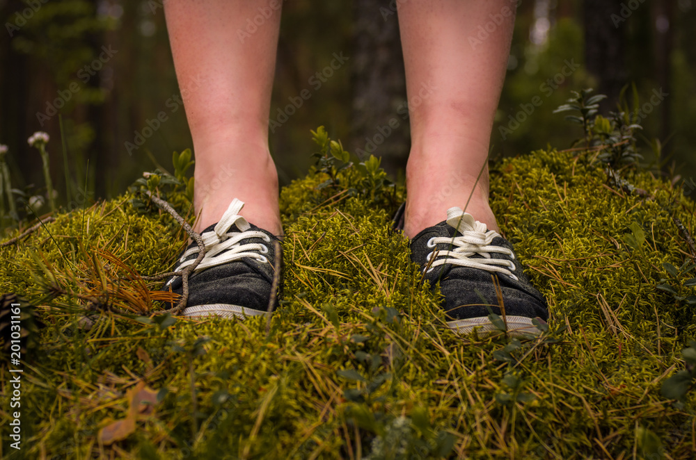 Female legs in sneakers in forest moss
