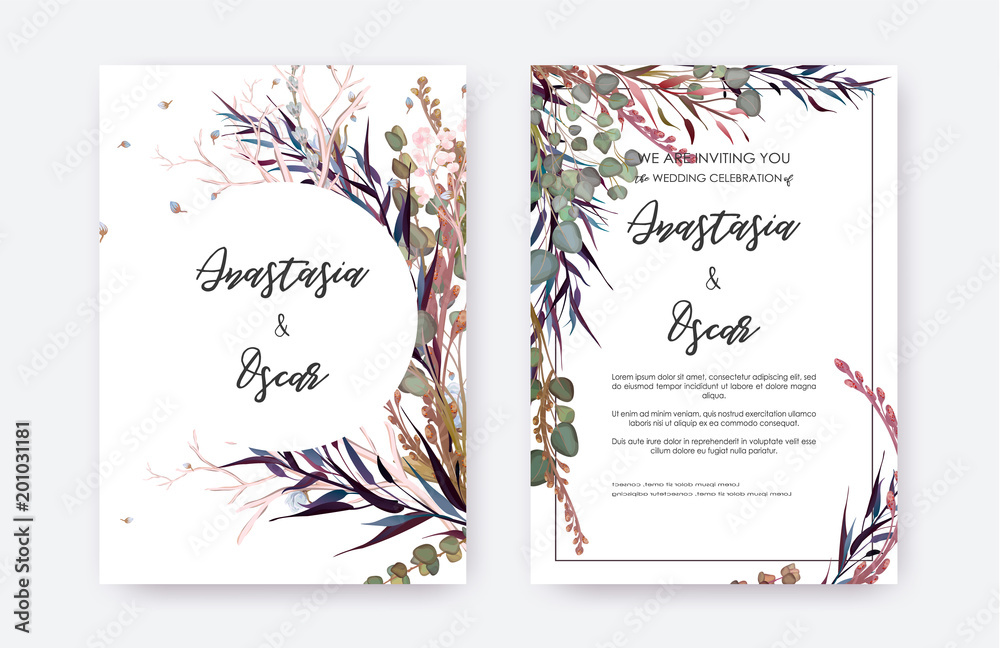 Wedding invitation frame set; flowers, leaves, watercolor, isolated on white. Sketched wreath, floral and herbs garland with green, greenery color. Handdrawn Vector Watercolour style, nature art.