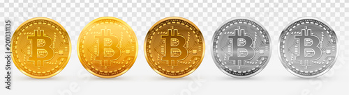 Vector collection of crypto currency blockchain Bitcoin logo coins, isolated on white background. Gold and silver metal Bitcoin cryptocurrency digital coin.