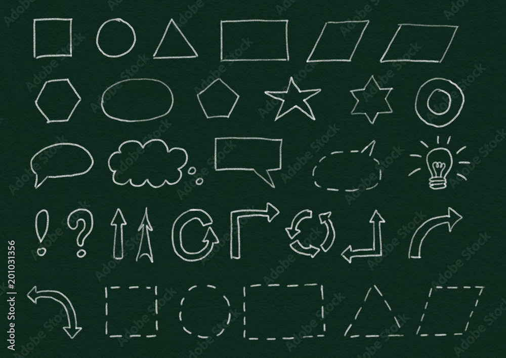 Symbols and shapes on green chalkboard