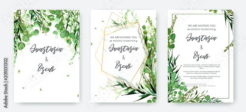Wedding invitation frame set; flowers, leaves, watercolor, isolated on white. Sketched wreath, floral and herbs garland with green, greenery color. Handdrawn Vector Watercolour style, nature art.
