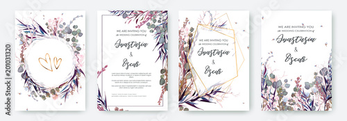 Fotografia, Obraz Wedding invitation frame set; flowers, leaves, watercolor, isolated on white