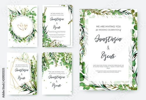 Wedding invitation frame set; flowers, leaves, watercolor, isolated on white. Sketched wreath, floral and herbs garland with green, greenery color. Handdrawn Vector Watercolour style, nature art.