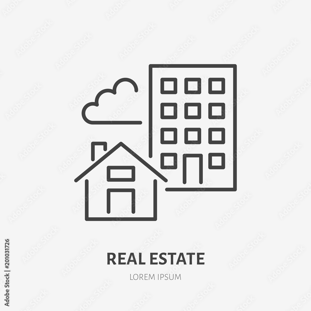 Real estate flat line icon. House and apartment sign. Thin linear logo for legal rent services, mortgage. Real estate flat line icon. House and apartment sign. Thin linear logo for legal rent services, mortgage.