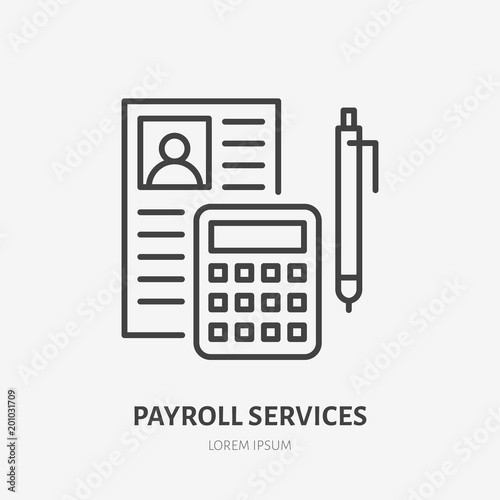 Payroll with consultator flat line icon. Personnel accounting sign. Thin linear logo for legal financial services, accountancy.