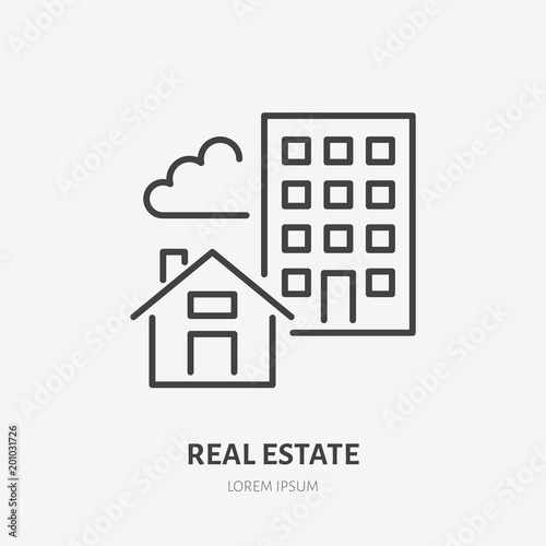 Real estate flat line icon. House and apartment sign. Thin linear logo for legal rent services, mortgage.
