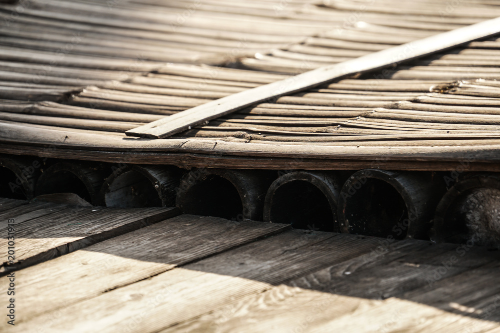 close up rustic bamboo raft wood floor 