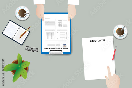 Admission interview to work concept. Personnel manager is holding application for employment and unemployed man showing cover letter.