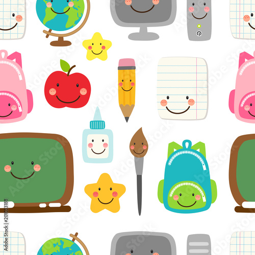 Cute childish seamless pattern Back to School supplies as smiling cartoon characters