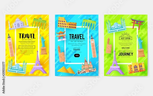 Travel information cards. Landscape template of flyer, magazines, posters, book cover, banners. Vector country coloful elements set