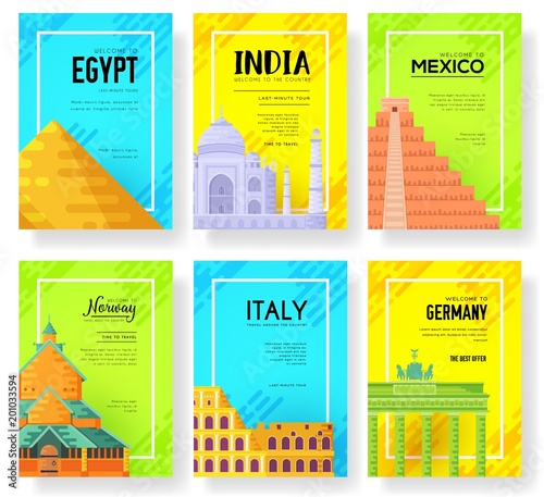 Travel information traditional cards. Landscape template of flyear, magazines, posters, book cover, banners. Country of Egypt, India, Mexico, Norway, Italy, Germany set. Layout city pages design
