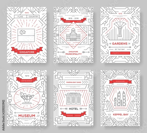 thin line Singapore travel vacation guide concept. Art architecture, magazine, book, poster, abstract, banners, element. Vector traditional ethnic outline package greeting card or invitation brochure 