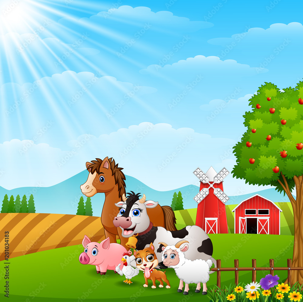 Fototapeta premium Happy animals at farm background on daylight