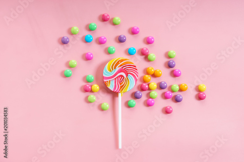 Colorful chocolate candies and lollipop