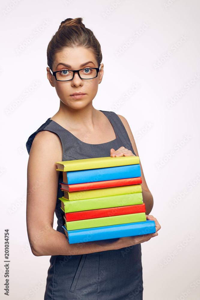 Strict lawyer holding stack of books. Strict lawyer holding stack of books.
