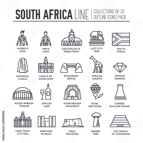 Country South Africa travel vacation of place and feature. Set of architecture, fashion, people, item, nature background concept. Infographic traditional ethnic flat, outline, thin line icon