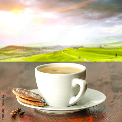 Coffee and tuscany landscape 