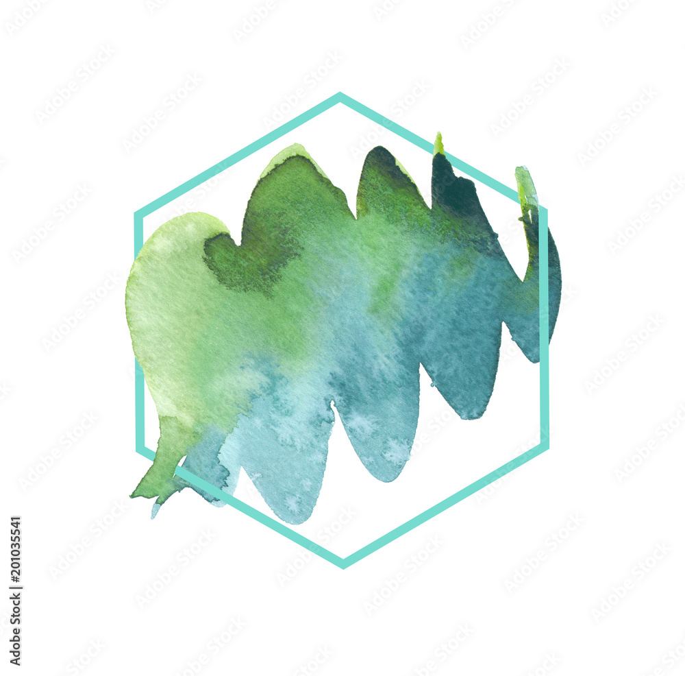 Teal blue and green abstract zigzag brush strokes painted in watercolor surrounded by light blue hexagonal frame on clean white background
