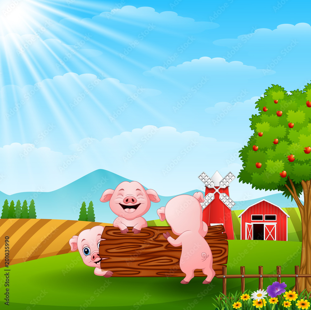 Three little pig playing in the farm Three little pig playing in the farm
