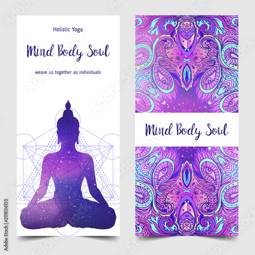 Yoga card design. Colorful template for spiritual retreat or yoga studio. Ornamental business cards, oriental pattern. Vector illustration