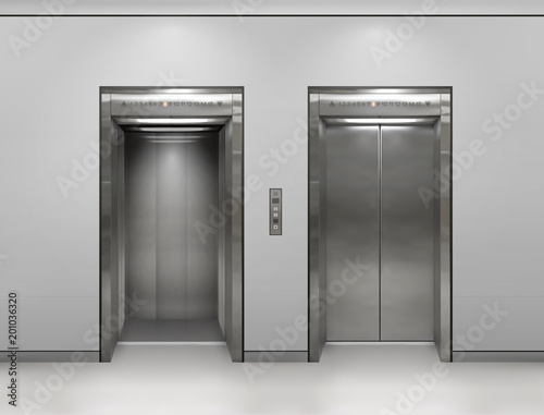 Chrome metal office building elevator doors. Open and closed variant. Realistic vector illustration gray wall panels office building elevator.
