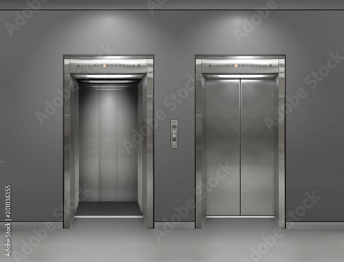Chrome metal office building elevator doors. Open and closed variant. Realistic vector illustration gray wall panels office building elevator.