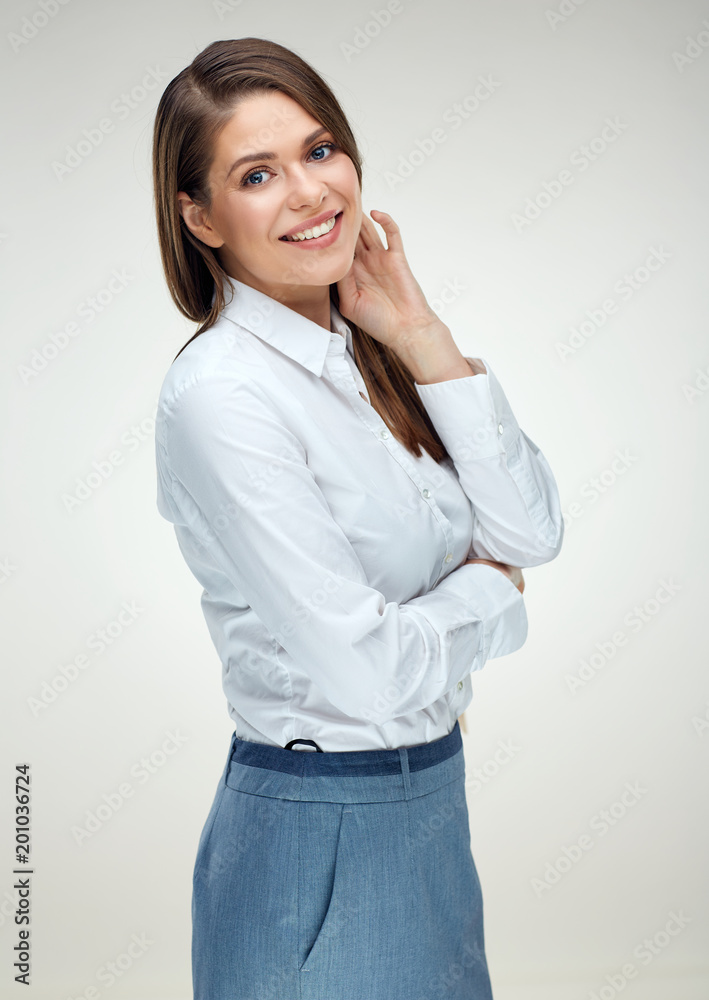 Business woman with long hair wearing white shirt. Business woman with long hair wearing white shirt.
