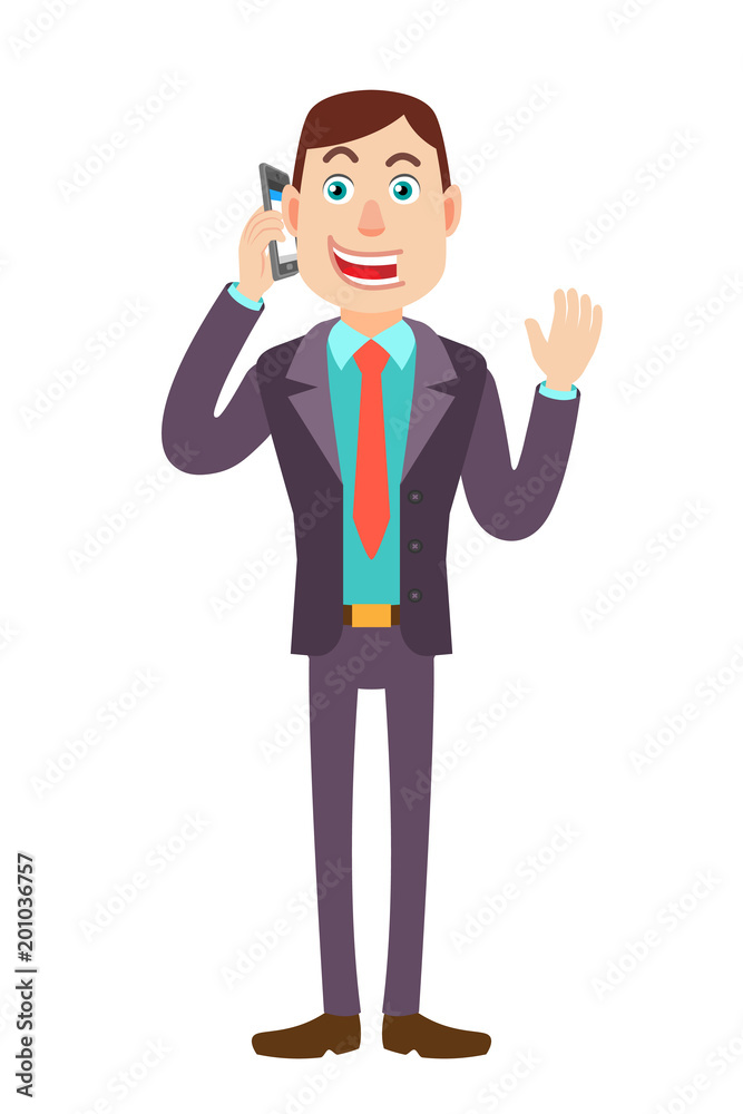 Businessman talking on mobile phone and raised a hand in greeting Businessman talking on mobile phone and raised a hand in greeting