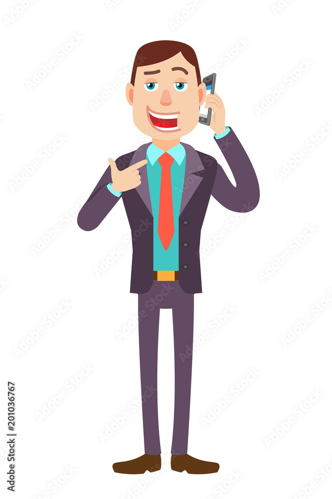 Businessman pointing his finger at the mobile phone that he talks