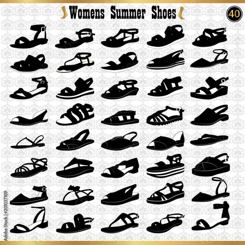 Set of female summer shoes on a light background