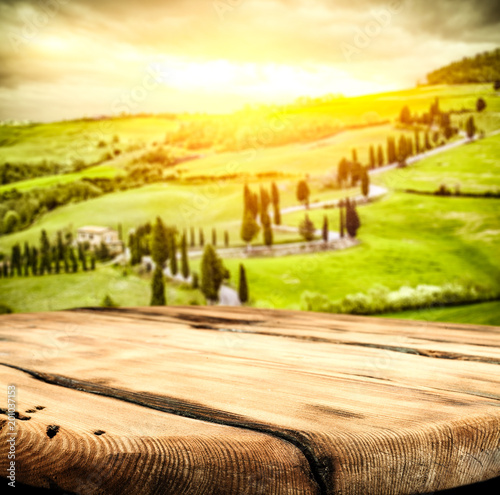 Desk of free space and tuscany landscape 
