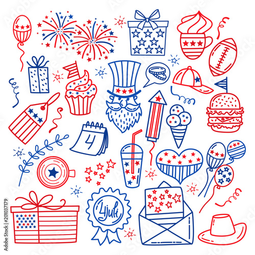 4 july. USA independence day icons isolated on white background.Hand draw traditional United States symbols . Doodle style vector illustration