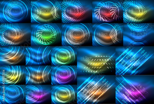Set of neon glowing abstract backgrounds bright glowing blur lines. Futuristic digital style glow neon disco club concept or night party idea