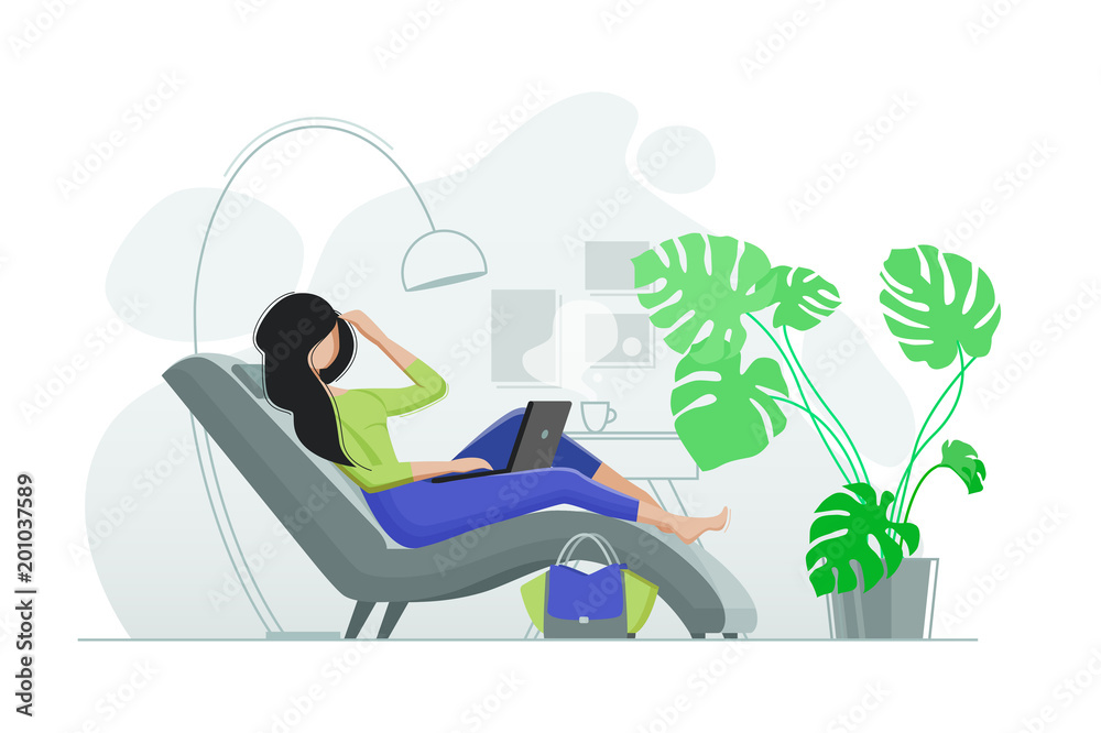 Young girl resting in chair with laptop