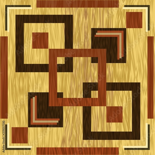Wooden square inlay, dark wood patterns on light background. Wooden art decoration template. Veneer textured geometric ornament.