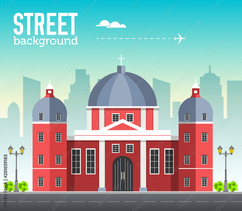 church building in city space with road on flat syle background concept. Vector illustration design