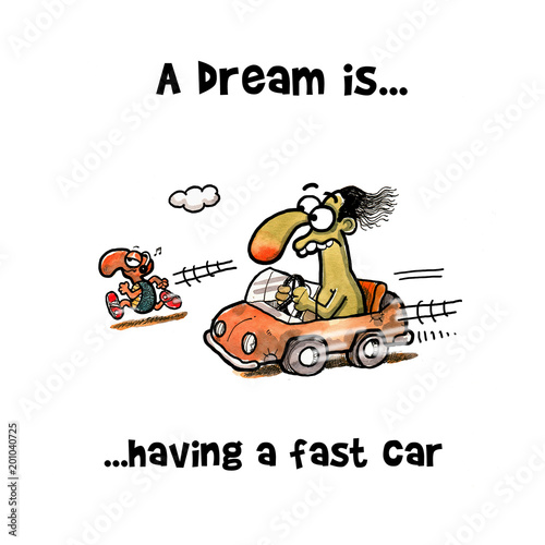 Man is in a small car and passed by a tortoise with headphone