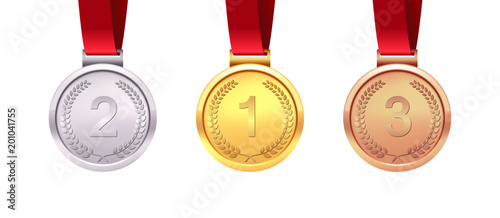A set of gold, silver and bronze medals. Medal winners. Isolated on white background. Vector illustration.