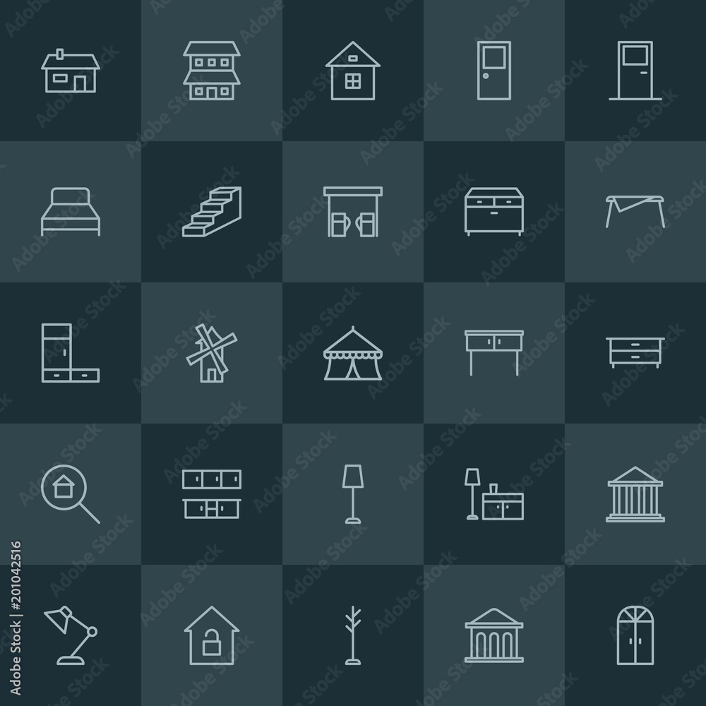 Modern Simple Set of buildings, furniture Vector outline Icons. ..Contains such Icons as lamp, entrance,  key,  security,  lock,  table and more on dark background. Fully Editable. Pixel Perfect.