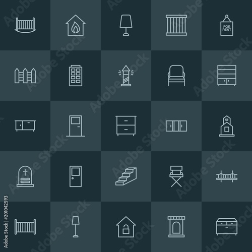 Modern Simple Set of buildings, furniture Vector outline Icons. ..Contains such Icons as bed, crib, security, house, prison, door, burn and more on dark background. Fully Editable. Pixel Perfect.