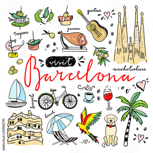 Barcelona cute icons set. Visit Spain and Catalonia hand drawn illustrations. Travel drawings for Barcelona city