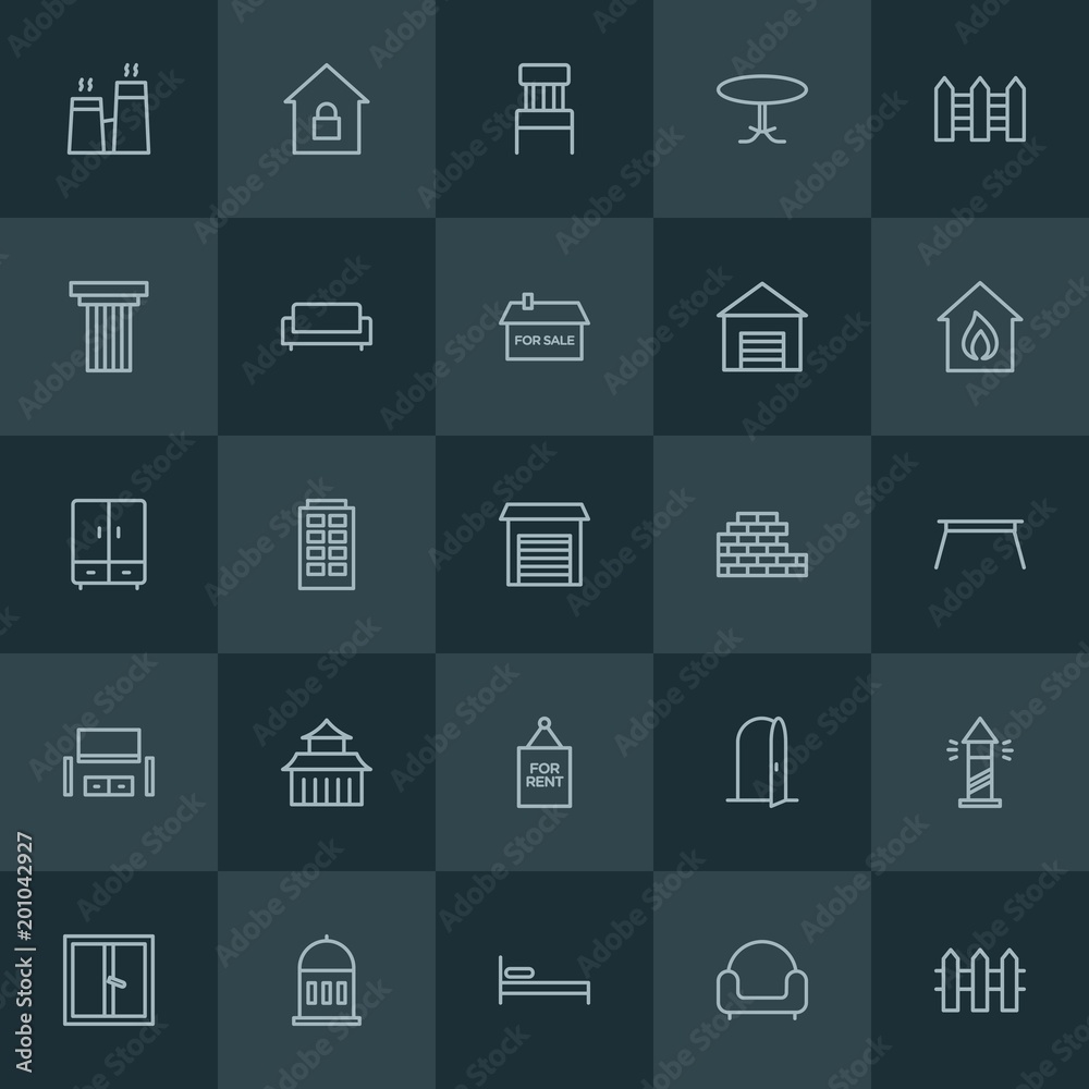 Modern Simple Set of buildings, furniture Vector outline Icons. ..Contains such Icons as  protection,  open,  modern,  house,  energy, bed and more on dark background. Fully Editable. Pixel Perfect.