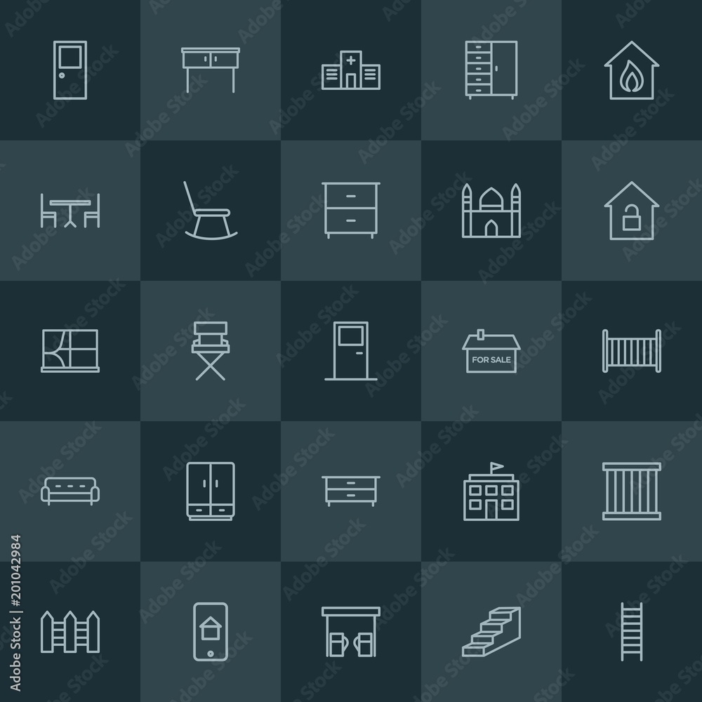 Modern Simple Set of buildings, furniture Vector outline Icons. ..Contains such Icons as  justice, table,  success, education,  cosmetics and more on dark background. Fully Editable. Pixel Perfect.