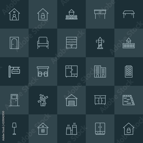 Modern Simple Set of buildings, furniture Vector outline Icons. ..Contains such Icons as blue, summer, desk, key, farm, furniture and more on dark background. Fully Editable. Pixel Perfect.