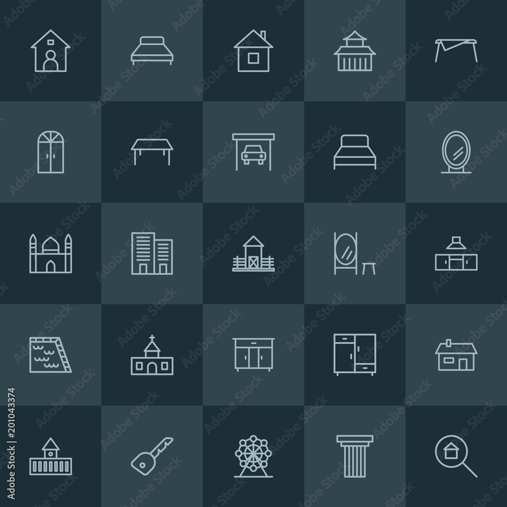 Modern Simple Set of buildings, furniture Vector outline Icons. ..Contains such Icons as  room,  furniture,  medieval,  house,  park, pillar and more on dark background. Fully Editable. Pixel Perfect.