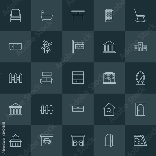 Modern Simple Set of buildings, furniture Vector outline Icons. ..Contains such Icons as water, interior, blue, asia, entrance, pump and more on dark background. Fully Editable. Pixel Perfect.