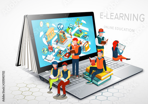 Laptop as a book. The concept of learning. Online education. E-learning. Vector Illustration