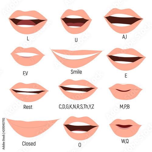 Female mouth animation. Phoneme mouth chart. Alphabet prononciation