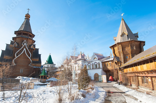 Inner yard of Izmailovo Kremlin with rich medieval building and carving on walls, windows, stairs.