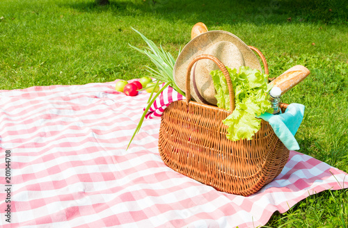 Picnic backet full of food and drinks on checkered tablecloth